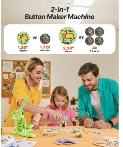 VEVOR 2-in-1 mygtukų gaminimo staklės 32 mm / 58 mm, žalios, su 200 vnt. detalėmis