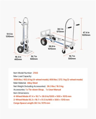 Koduva VEVOR 2-in-1 rankinis vežimėlis, 453,6kg keliamoji galia 4 ratų režimu, konvertuojamas dolis