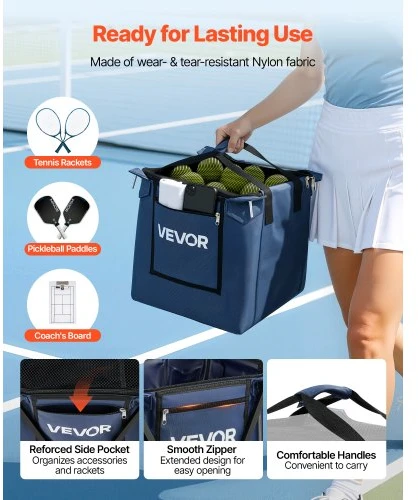 VEVOR 2-in-1 teniso ir pickleball kamuoliukų krepšys su rinkimo vamzdžiu, sulankstomas vežimėlis su ratukais, 150 teniso kamuoliukų arba 260 pickleball kamuoliukų