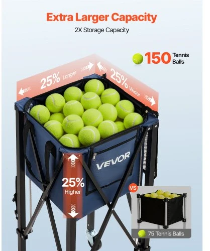 VEVOR 2-in-1 teniso ir pickleball kamuoliukų krepšys su rinkimo vamzdžiu, sulankstomas vežimėlis su ratukais, 150 teniso kamuoliukų arba 260 pickleball kamuoliukų