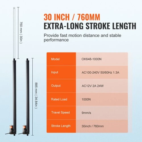 VEVOR 2 vnt. 12V linijinių pavarų rinkinys, 760 mm, 9 mm/s, 1000 N, IP54