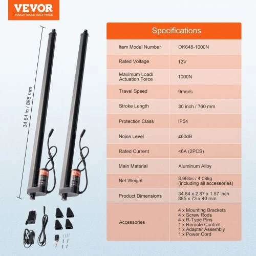 VEVOR 2 vnt. 12V linijinių pavarų rinkinys, 760 mm, 9 mm/s, 1000 N, IP54