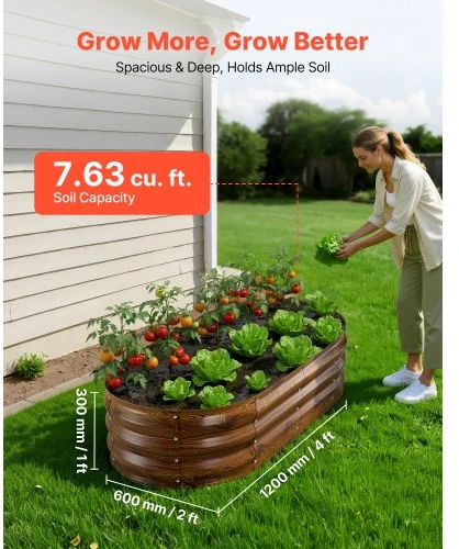 VEVOR 2 vnt. cinkuotos pakeltos sodo lysvės, 1200 x 600 x 300 mm, ovalios metalinės augalų dėžės, be dugno