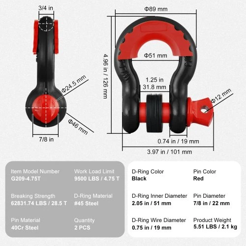 VEVOR 2 vnt. D formos grandinės apkaba 19 mm su 22,2 mm sriegiuotu kaiščiu