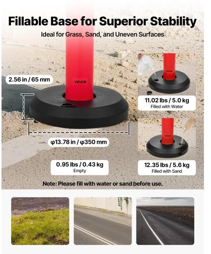VEVOR 2 vnt. eismo atitvariniai stulpeliai, 1140 mm, su užpildomu pagrindu ir atspindinčiomis juostomis, raudoni