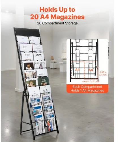 VEVOR 20 kišenių brošiūrų stovas, metalinis grindinis literatūros laikiklis, juodas