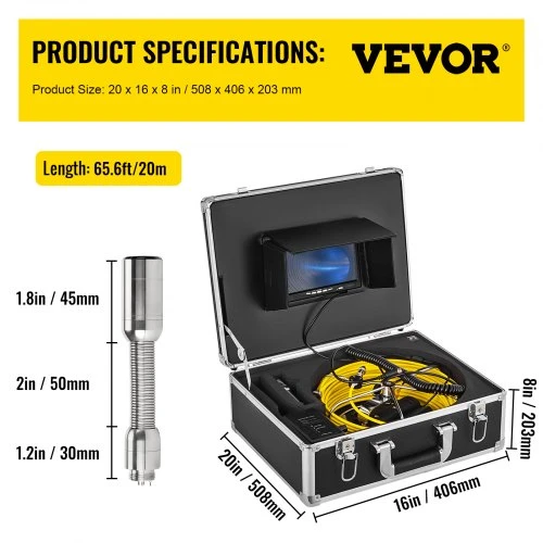 VEVOR 20 m nuotekų patikros kamera, 9 colių monitorius, LCD DVR, su 8 GB SD kortele
