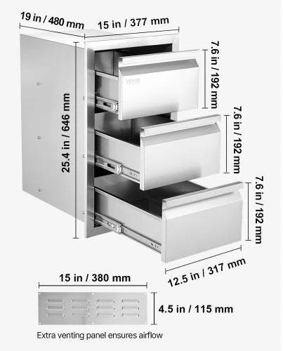 Koduva VEVOR 201 nerūdijančio plieno trigubas stalčius lauko virtuvei ir BBQ salai, 48,3 x 66 cm