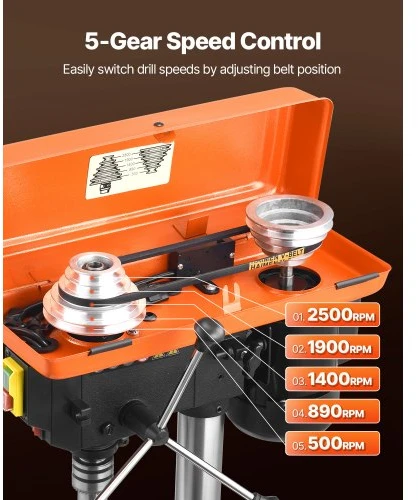 Koduva VEVOR 203,2 mm stalinis gręžimo staklės, 500 W indukcinis variklis, 500 / 890 / 1400 / 1900 / 2500 aps./min., 0–45° pasvirimo stalas
