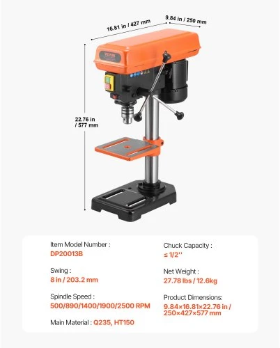 Koduva VEVOR 203,2 mm stalinis gręžimo staklės, 500 W indukcinis variklis, 500 / 890 / 1400 / 1900 / 2500 aps./min., 0–45° pasvirimo stalas