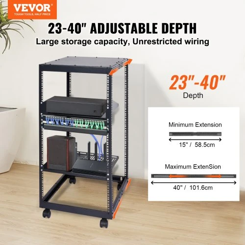 Koduva VEVOR 20U atviras serverio stovas, reguliuojamas gylis 58,5–101,6 cm, 19 colių, pastatomas arba tvirtinamas prie sienos, su ratukais