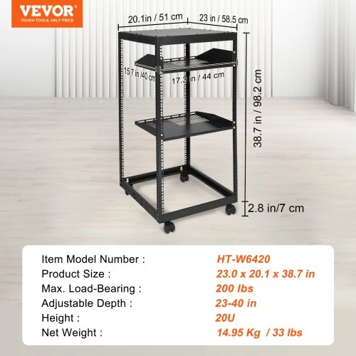 Koduva VEVOR 20U atviras serverio stovas, reguliuojamas gylis 58,5–101,6 cm, 19 colių, pastatomas arba tvirtinamas prie sienos, su ratukais