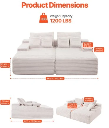 VEVOR 210 cm platus dvivietis loveseat sofa, smėlio spalvos, kordurojaus audinys