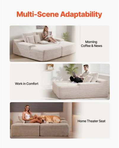 VEVOR 210 cm platus dvivietis loveseat sofa, smėlio spalvos, kordurojaus audinys