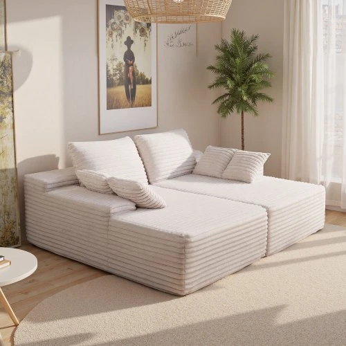VEVOR 210 cm platus dvivietis loveseat sofa, smėlio spalvos, kordurojaus audinys