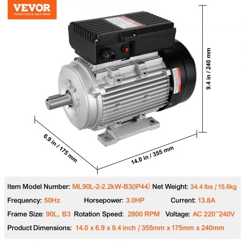 Koduva VEVOR 2,2 kW elektrinis variklis, 2800 aps./min., AC 220–240 V, 90L, B3, 24 mm raktinis velenas