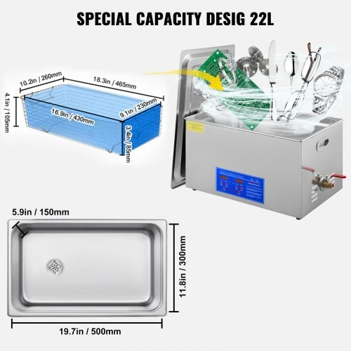 VEVOR 22 l ultragarsinis valiklis, nerūdijantis plienas, 480 W, 500 x 300 x 150 mm