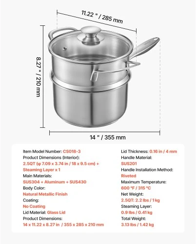 Koduva VEVOR 2,5 QT puodas su garintuvu, nerūdijantis plienas, su stikliniu dangčiu