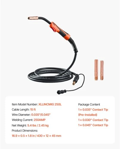 Koduva VEVOR 250 A MIG suvirinimo degiklis, 15 pėdų kabelis, suderinamas su Lincoln Power MIG 200/215/216/255 ir Wire-Matic 255