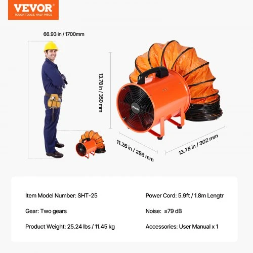 Koduva VEVOR 25,4 cm nešiojamas ventiliatorius, oranžinis, su 10 m lanksčia ortakių žarna