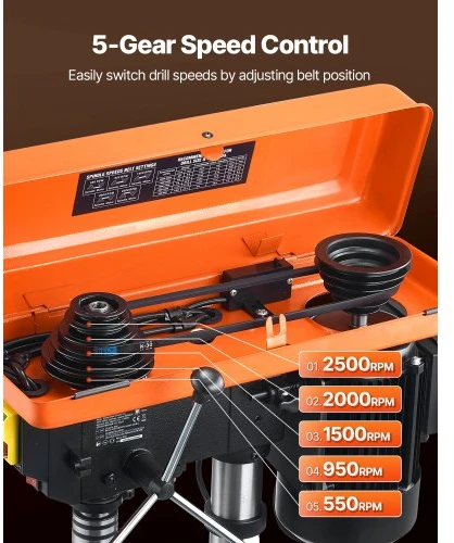 Koduva VEVOR 254 mm stalinis gręžimo staklės, 550 W, 550/950/1500/2000/2500 RPM, 0–45° pakreipiamas darbastalis