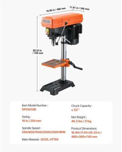 Koduva VEVOR 254 mm stalinis gręžimo staklės, 550 W, 550/950/1500/2000/2500 RPM, 0–45° pakreipiamas darbastalis