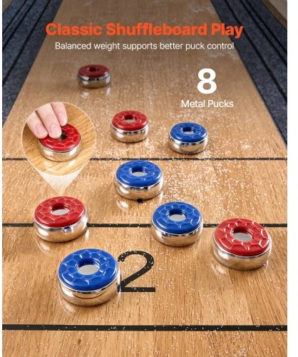 VEVOR 2,7 m shuffleboard stalas su 8 rituliais, vašku ir šepetėliu