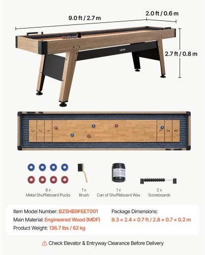 VEVOR 2,7 m shuffleboard stalas su 8 rituliais, vašku ir šepetėliu