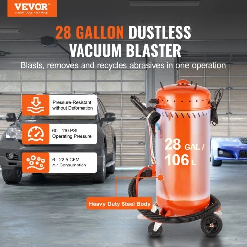 VEVOR 28 galonų vakuuminis smėliavimo aparatas, 1200 W, 60–110 PSI