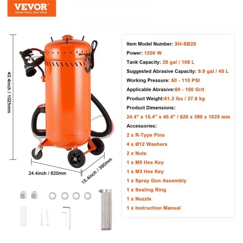 VEVOR 28 galonų vakuuminis smėliavimo aparatas, 1200 W, 60–110 PSI
