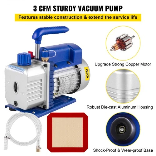 VEVOR 3 CFM 1/4 HP vienpakopis vakuuminis siurblys, 3 gal./12 l vakuumo kameros komplektas HVAC ir A/C šaldymui