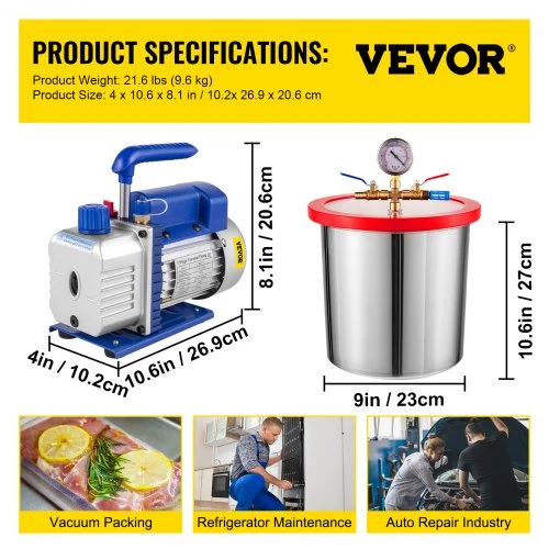 VEVOR 3 CFM 1/4 HP vienpakopis vakuuminis siurblys, 3 gal./12 l vakuumo kameros komplektas HVAC ir A/C šaldymui