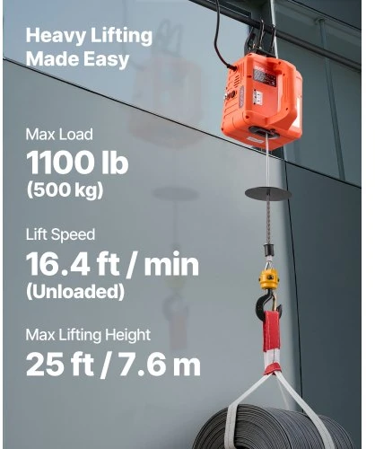 Koduva VEVOR 3-in-1 elektrinis keltuvas gervė, 500 kg, 1500 W, 7,6 m, 5 m/min, su rankiniu, laidiniu ir belaidžiu valdymu
