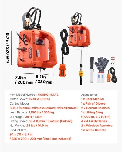 Koduva VEVOR 3-in-1 elektrinis keltuvas gervė, 500 kg, 1500 W, 7,6 m, 5 m/min, su rankiniu, laidiniu ir belaidžiu valdymu