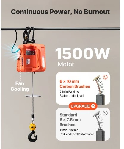 Koduva VEVOR 3-in-1 elektrinis keltuvas gervė, 500 kg, 1500 W, 7,6 m, 5 m/min, su rankiniu, laidiniu ir belaidžiu valdymu