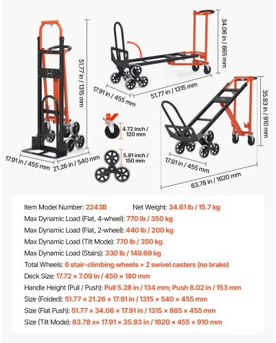 Koduva VEVOR 3 in 1 industrinis sulankstomas laiptų vežimėlis, 350 kg, oranžinės ir sidabrinės spalvos
