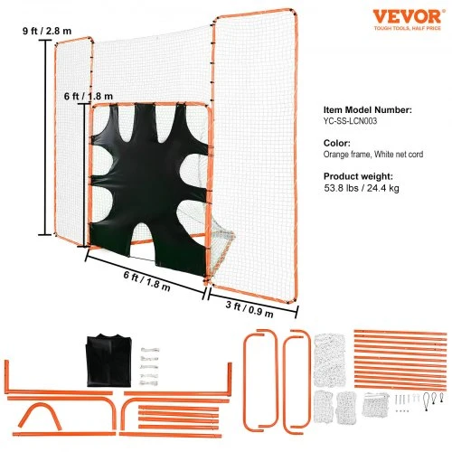 VEVOR 3-in-1 lakroso vartai su užtvara ir taikiniu, 12 x 9 pėdų, plieno rėmas, oranžinė