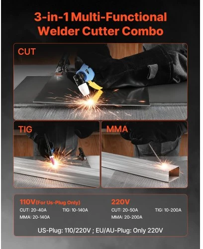 VEVOR 3-in-1 plazminis pjoviklis suvirintojas, CUT/TIG/MMA, 50 A, 200 A, 220 V