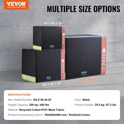 VEVOR 3 in 1 plyometrinė šuolių dėžė, 50 x 60 x 76 cm, juoda