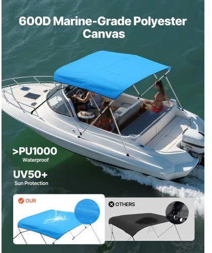 Koduva VEVOR 3 lankų valties bimini stogelis, 600D poliesteris, aliuminio lydinio rėmas, Pacific Mėlyna, 72"Lx(79"-84")Wx46"H