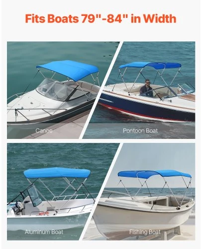Koduva VEVOR 3 lankų valties bimini stogelis, 600D poliesteris, aliuminio lydinio rėmas, Pacific Mėlyna, 72"Lx(79"-84")Wx46"H