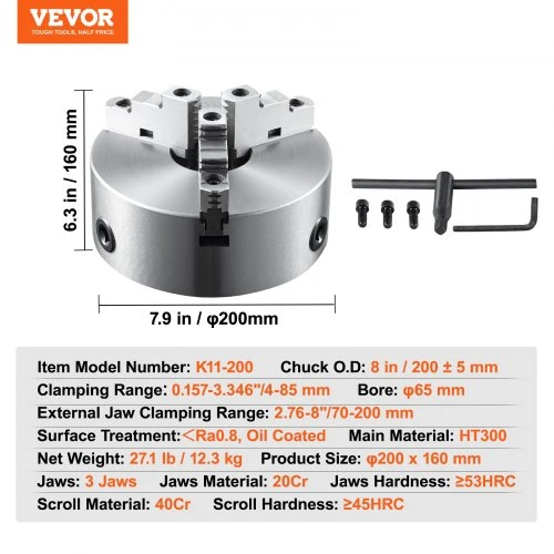 VEVOR 3 nasrų tekinimo griebtuvas, 8 col., savaiminio centravimo, 4–200 mm