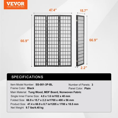 VEVOR 3 panelių japoniška kambario pertvara