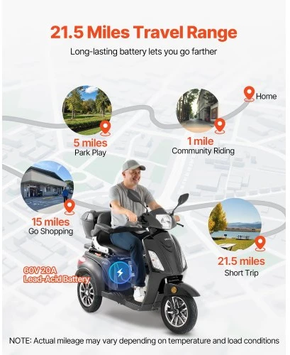 VEVOR 3 ratų mobilumo scooteris senjorams ir suaugusiems, 500 lbs, 35 km, 3 greičiai, 1000 W, VISTA-1