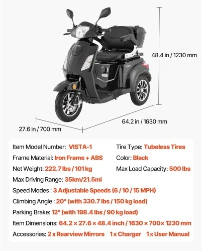 VEVOR 3 ratų mobilumo scooteris senjorams ir suaugusiems, 500 lbs, 35 km, 3 greičiai, 1000 W, VISTA-1