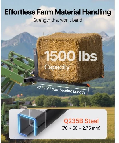 Koduva VEVOR 3 taškų pakabinamos paletės šakės, 680 kg, 128 cm, reguliuojamas plotis 73,5–117 cm, 1 kategorijos traktoriams
