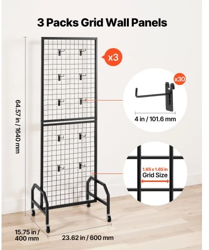 VEVOR 3 vnt. sieninės grid panelės, 600 x 1640 mm, su ratukais ir 30 kabliukų