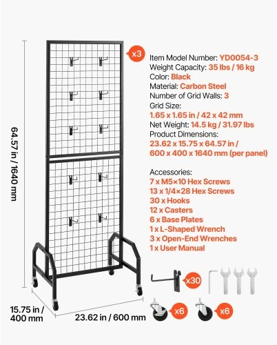 VEVOR 3 vnt. sieninės grid panelės, 600 x 1640 mm, su ratukais ir 30 kabliukų