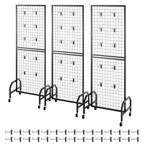 VEVOR 3 vnt. sieninės grid panelės, 600 x 1640 mm, su ratukais ir 30 kabliukų