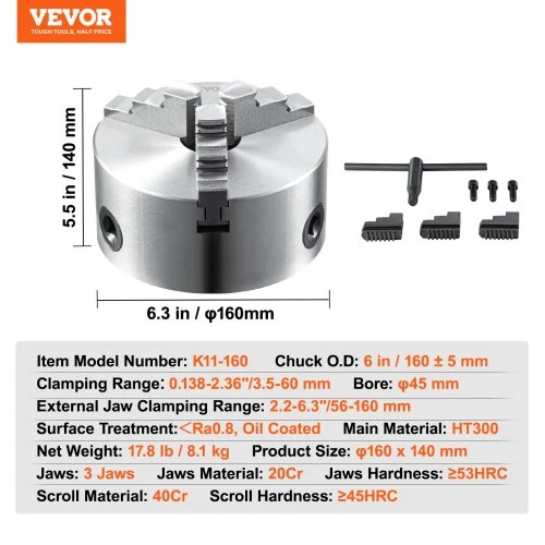 VEVOR 3 žandų tekinimo griebtuvas, 6 col., savaime centruojantis, 3,5–160 mm